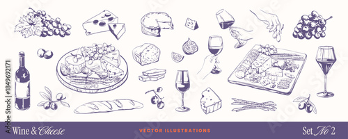Wine and cheese food doodle sketch icons with bottle, grapes, olives and Italian food elements. Hand-drawn vintage vector line art for restaurant menu, party invitation, or charcuterie board design
