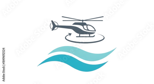 Helicopter hovering over stylized waves, symbolizing air and sea transport or exploration.