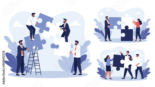 People collaborating to assemble puzzle pieces in a stylized illustration