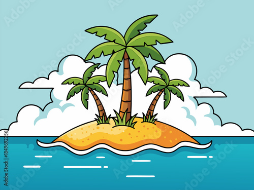 Vector island illustration. Three palm trees on golden sand, tranquil blue ocean, fluffy clouds. Ideal for summer vacation, travel, and paradise designs