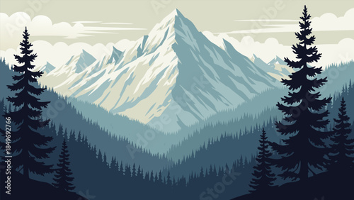 Majestic Vector Mountain Landscape with Towering Snow-Capped Peak and Layered Pine Forests Under a Serene Sky