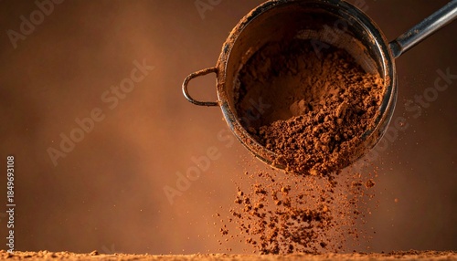 Close-up shot of cocoa powder being sifted through a metal sieve onto a wooden surface.