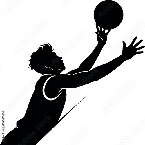 Black Silhouette of a Basketball Player Jumping High with a Ball Held Above His Head for a Layup or Rebound in Dynamic Action