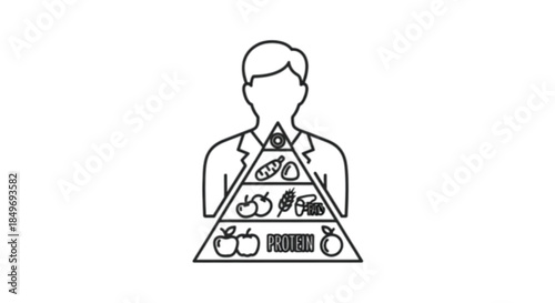 Healthy eating pyramid illustration showing balanced nutrition for a person.