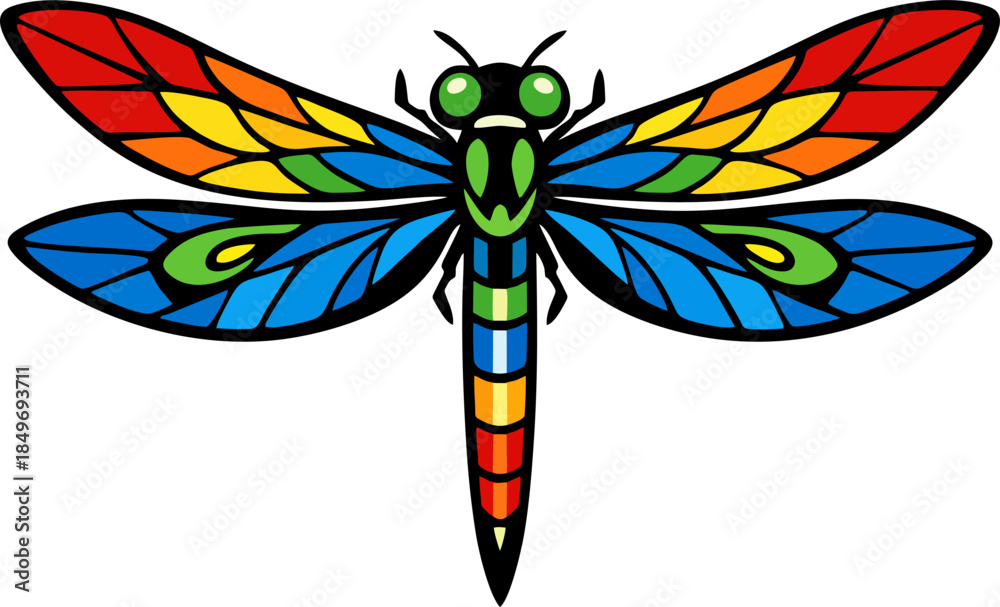 Fototapeta premium Colorful stained glass-style dragonfly with vibrant rainbow wings, green body, and large expressive eyes on a white background.