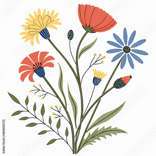 Wildflower Arrangement  Organic Layout  Flat Vecto (1) Vector Illustration Isolated on White Background