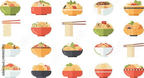 Assortment of noodle bowls featuring various ingredients and chopsticks for asian cuisine presentation