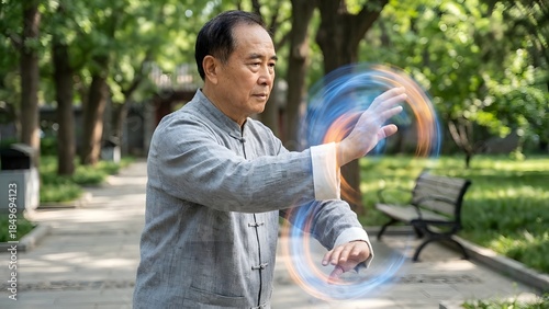 Man Practicing Tai Chi in Park.