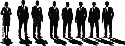 Business executives silhouettes standing in a line with shadows, illustrating corporate leadership, authority, professionalism, teamwork, and modern executive workforce concepts