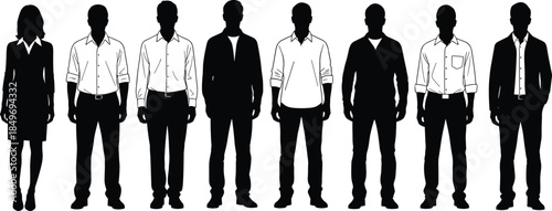 Business people silhouettes standing together in formal and casual attire, representing professional diversity, teamwork, corporate culture, and modern workforce concepts
