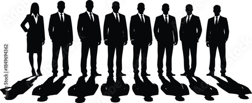 Business professionals silhouettes standing in a row with shadows, representing corporate leadership, teamwork, authority, formality, and modern executive workforce concepts