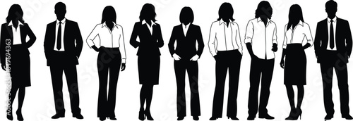 Business professionals silhouettes standing together, representing corporate teamwork, leadership, gender diversity, office culture, and modern workforce concepts illustration
