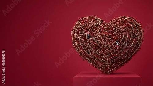 Intricate Copper Heart Maze on Red Background.