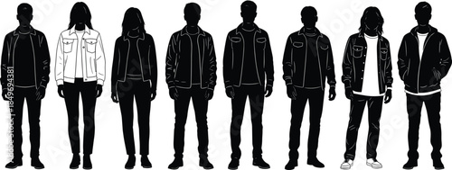 Casual people silhouettes standing in a row, representing youth lifestyle, individuality, diversity, fashion styles, and modern urban community concepts illustration