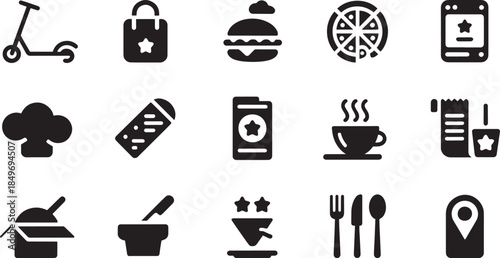 Black Icons of Food, Drinks, and Objects on White Background