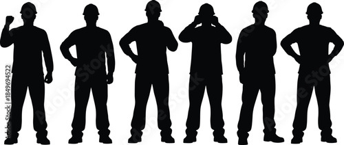 Construction workers silhouettes wearing hard hats, standing confidently together, representing industrial labor, safety compliance, teamwork, strength, and modern construction workforce concepts