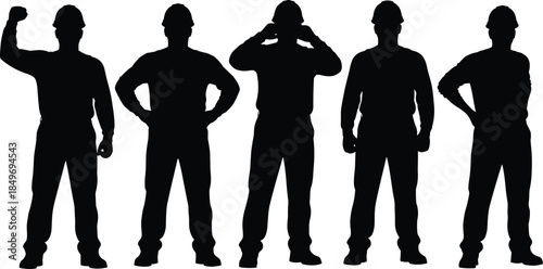 Construction workers silhouettes wearing safety helmets, representing industrial labor, strength, teamwork, engineering workforce, and occupational safety concepts illustration
