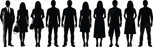 Diverse people silhouettes standing in a row, representing individuality, gender balance, fashion styles, social diversity, and modern community lifestyle concepts