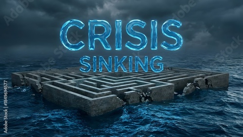 Crisis Sinking Concept with Wooden Platform.