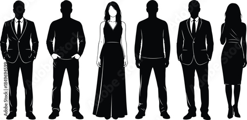 Elegant business people silhouettes standing in a row, men and woman in formal attire representing corporate teamwork, leadership, fashion, and professionalism