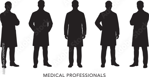 Silhouettes of medical professionals in lab coats, symbolizing healthcare expertise, teamwork, clinical service, and modern medical industry workforce concepts