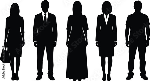 Professional people silhouettes standing together, representing business roles, gender diversity, formal attire, corporate identity, and modern workforce concepts illustration