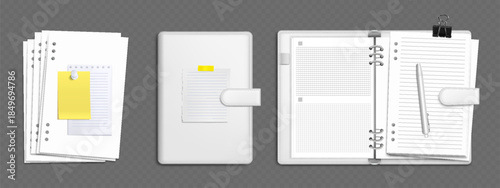 White ring binder mockup set with grid and lined paper, paperclips and yellow sticky notes. Open and closed notebook folder with dividers, lined sheet and pen. Realistic 3D diary stationery collection