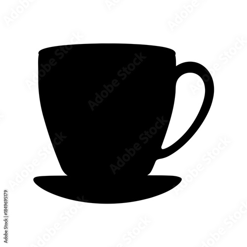 A simple black silhouette illustration of a coffee cup and saucer representing hot beverages
