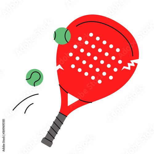 Hand-drawn padel racket broken and green balls.Ideal for sports game graphics,projects and designs.Paddle tennis racket damaged icon.Vector illustration isolated on white background.EPS 10