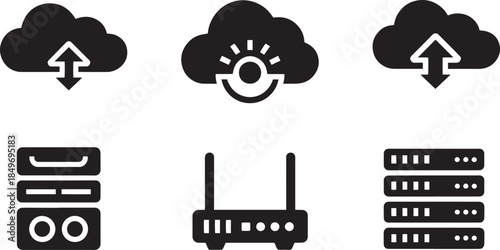 Cloud Computing Icons with Server and Router on White Background