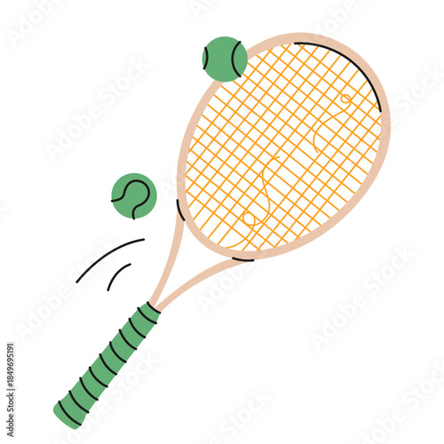 Hand-drawn tennis racket with a broken string and green balls.Ideal for sports graphics, creative projects and designs.Colorful Racket icon.Vector illustration isolated on white background.EPS 10