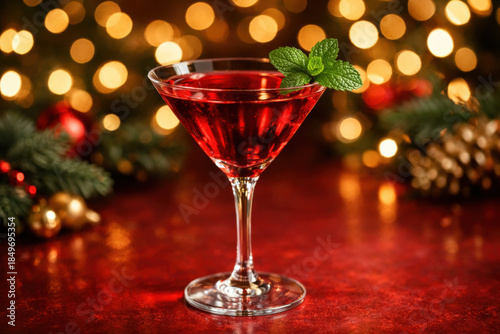 Elegant red holiday cocktail in martini glass with mint garnish. festive bokeh background light creates warm, celebratory atmosphere on rich red table surface