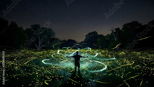 Person Standing in Field of Fireflies at Night.