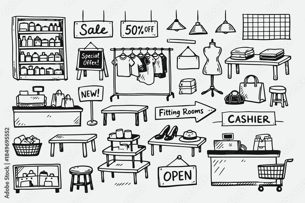 Fototapeta premium Hand Drawn Store Interior Elements for Retail Sketch Style Vector Illustrations