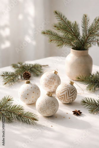 Calm winter morning light on minimal holiday still life with patterned baubles and natural greenery. This peaceful, aesthetic lifestyle scene evokes feeling of festive serenity