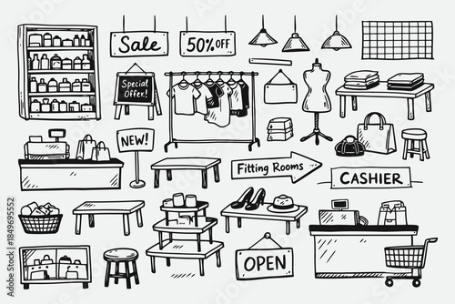 Hand Drawn Store Interior Elements for Retail Sketch Style Vector Illustrations
