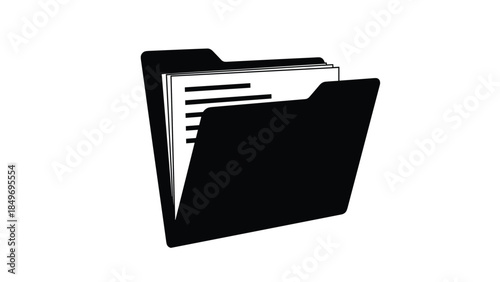 A simple black folder with documents inside viewed from the side on a white background