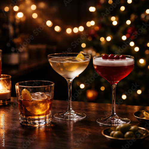 Festive holiday celebration with moody cocktail and drink selection at bar. warm, cozy party atmosphere with classic beverages on wooden table, against bokeh light background