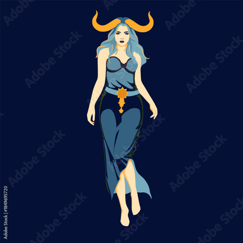 A cute girl in a long dress with golden bull horns on her head. Taurus zodiac sign. Vector illustration.