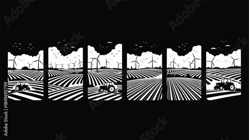 Cars driving through agricultural fields with wind turbines in the background under a starry night sky