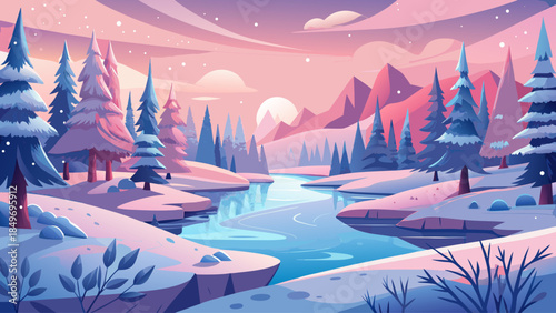 Christmas lace winter landscape in soft pink tones, featuring a calm flowing river surrounded by trees completely covered in delicate hoarfrost, creating an elegant, dreamy