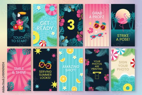 Social Media Post Pool Party Photo Booth Screen in Tropical Summer Theme in Vector