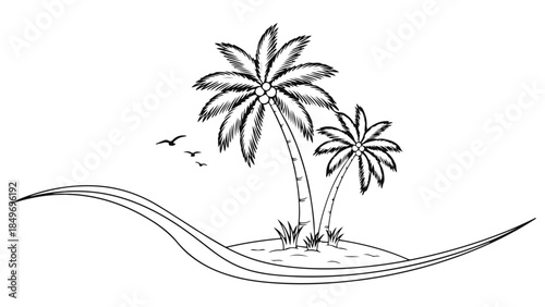Detailed hand-drawn vector illustration of a serene tropical island with two tall palm trees and birds flying, evoking relaxation and vacation