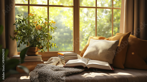 Cozy Reading Nook with Books and Soft Blanket in Warm Natural Sunlight