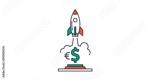 Rocket launching with dollar and euro symbols representing financial growth and startup success.