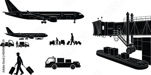 Airport terminal silhouette set showing airplane passengers baggage handling jet bridge ground service logistics vector illustration collection travel aviation scene