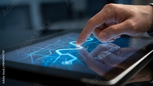 Person Interacting with Digital Interface on Tablet.