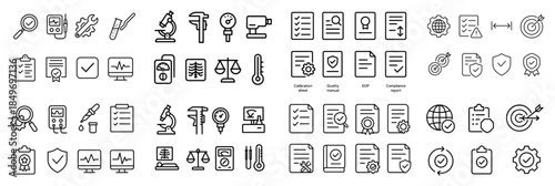 Collection of scientific and office icons in black and white
