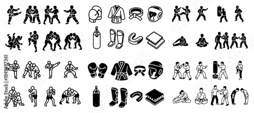 Martial arts icons collection: fighters and equipment