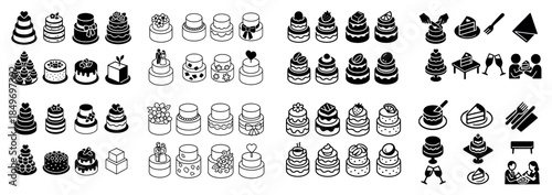 Diverse cake styles and dining icons collection